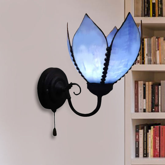 Petal Wall Lamp With Stained Glass And Curved Arm - Rustic Pull Chain Lighting