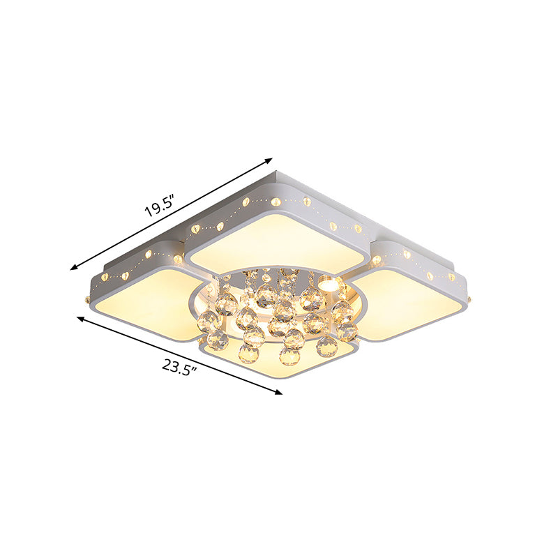 Modern Metal Led Flushmount Lamp With Crystal Ball - White Ceiling Light Fixture (19.5/23.5/35.5 W)