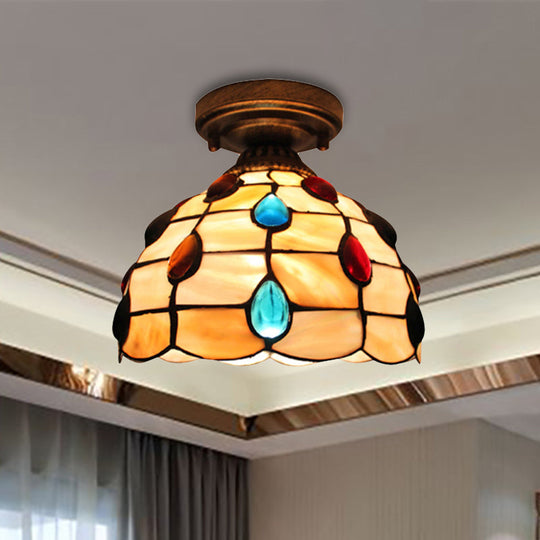Tiffany Class Beige/Yellow Ceiling Light With Jewelry Shell – Restaurant Lattice Bowl Flush Fixture