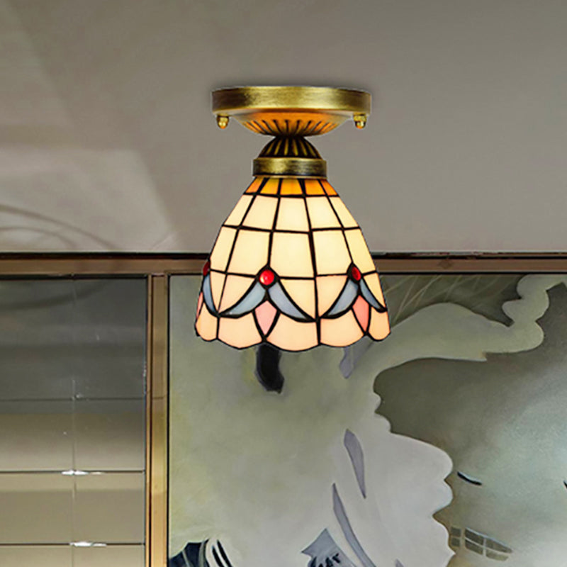 Tiffany Art Glass Dome Ceiling Light - White 6’/7’ Width Flush Mount For Hallway