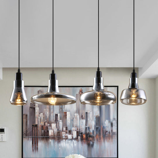 Modern Dining Room Hanging Ceiling Light - 4 Lights Round/Linear Canopy Multi Pendant With Smoked