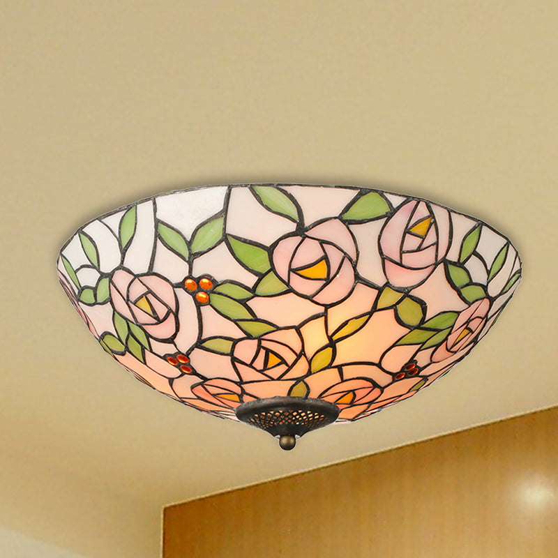 Tiffany Style Stained Glass Flushmount Light: Bowl Flower Ceiling Fixture Multicolor 3 Lights