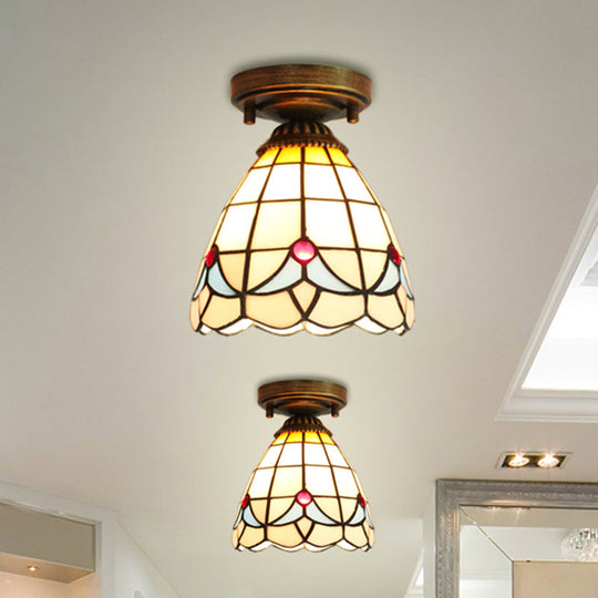Stained Glass Magnolia Mini Flush Mount Ceiling Light For Bedroom