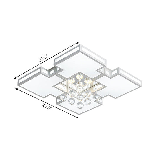 Geometric Ceiling Lamp With Integrated Led And Crystal Ball Accent - 19.5’/23.5’ Wide White