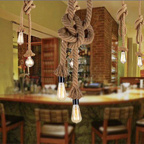 Vintage Style Rope Pendant Light With Open Bulbs - Brown 2 Heads Ideal For Bars