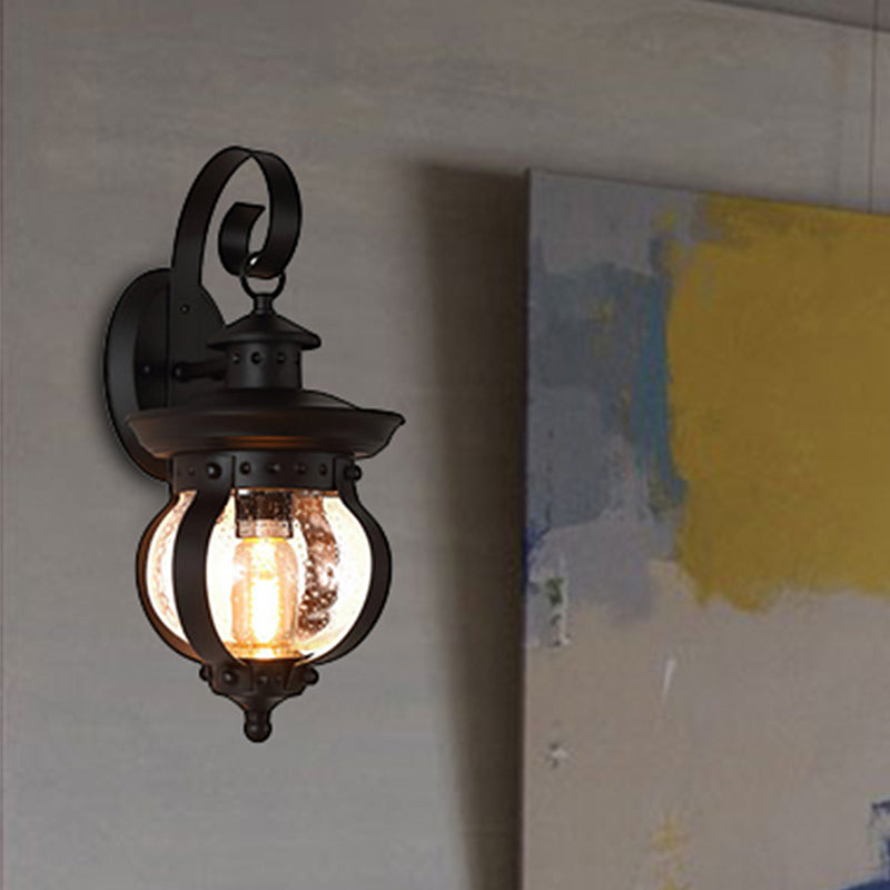 Rustic Black Lantern Wall Sconce With Seedy Glass - Bedroom Lighting Fixture