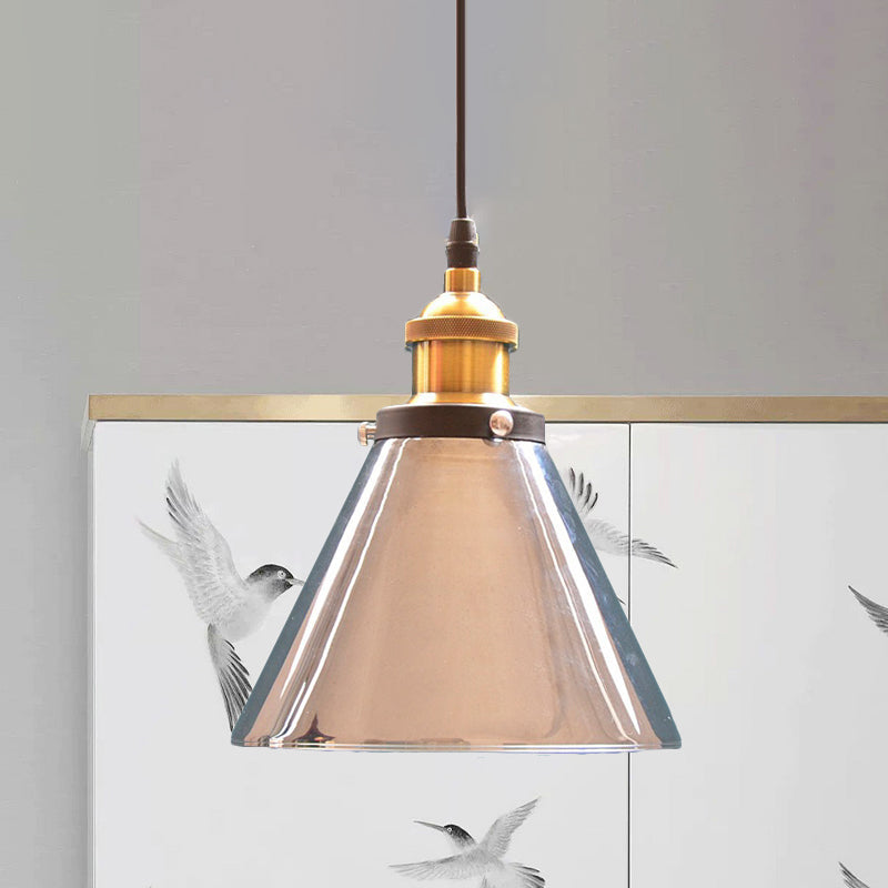 Brass Industrial Cone Pendant Light With Grey Glass For Living Room