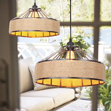 Vintage Style Drum Shade Rope Pendant Light - Perfect For Coffee Shops 1 Bulb Black / B