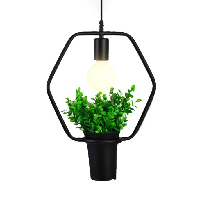 Vintage Style Black Metal Pendant Light With Planter And Frame - Triangle/Round Hanging Design For
