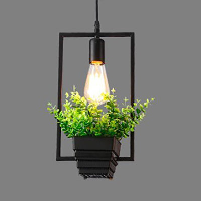 Vintage Black Metal Pendant Light With Planter And Frame For Kitchen / Rectangle