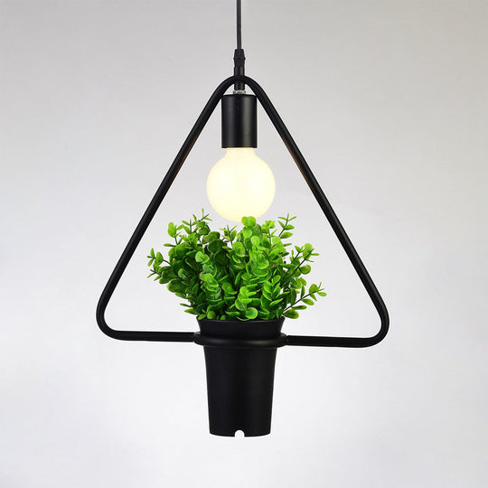 Vintage Style Black Metal Pendant Light With Planter And Frame - Triangle/Round Hanging Design For