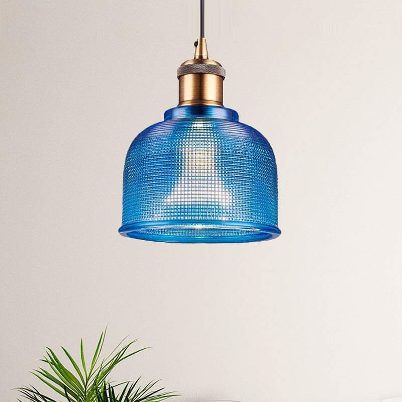 Industrial Brass Prismatic Glass Dome Pendant Light In Red/Bronze/Blue