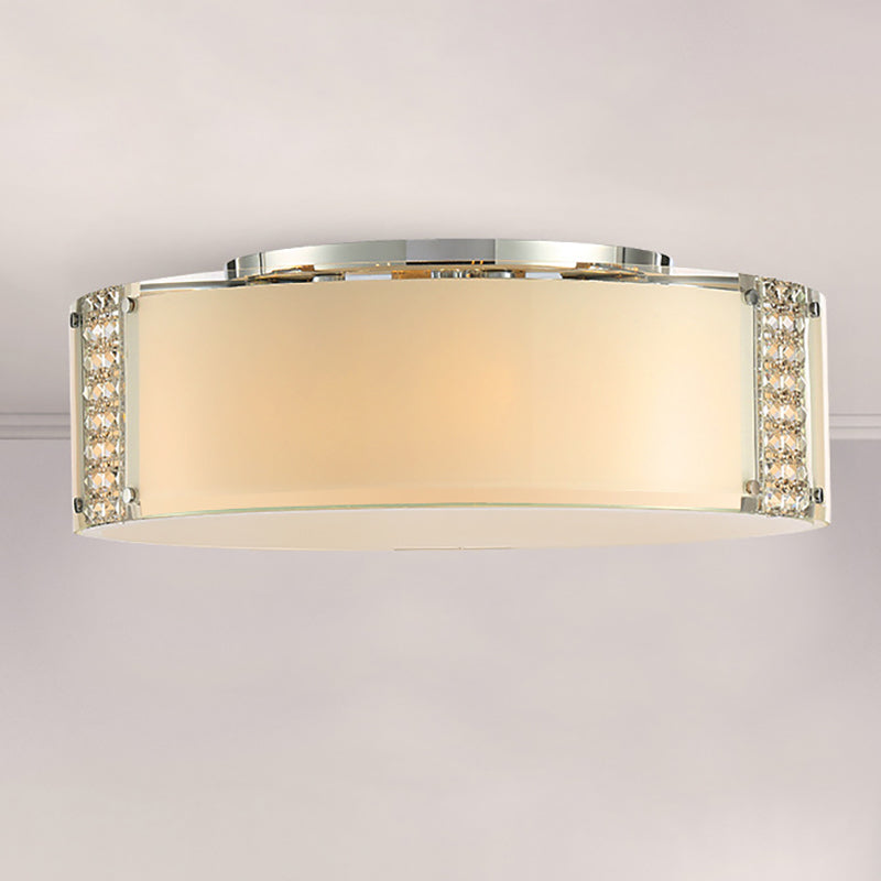 Modern Opal Glass Flush Mount Ceiling Light With Clear Crystal Accents - 8 Lights Drum Fixture