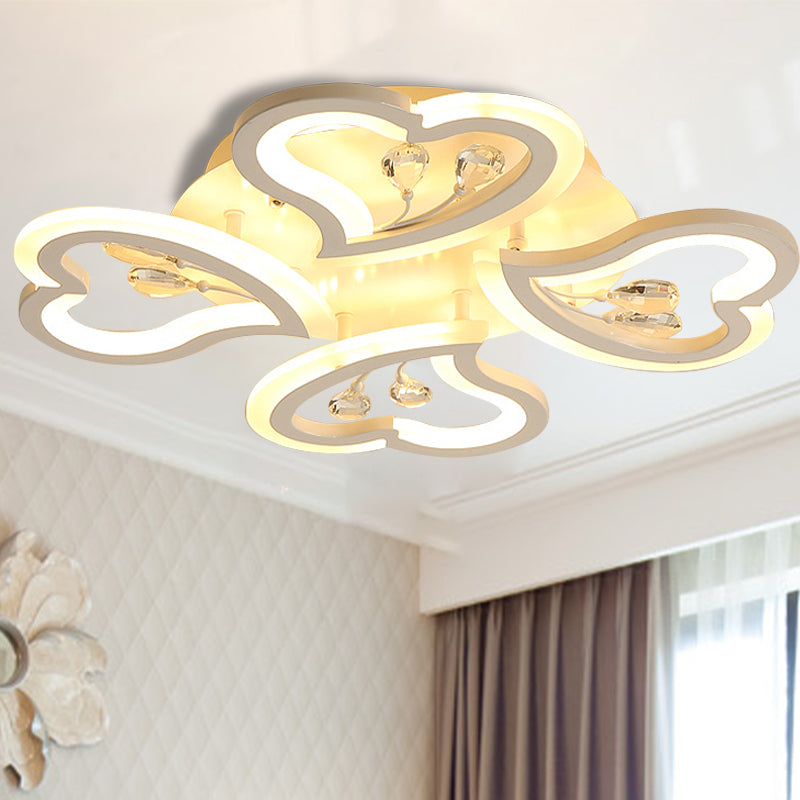 White Heart Shape Led Acrylic Ceiling Lamp - Modern Semi Flush Light With Crystal Accent