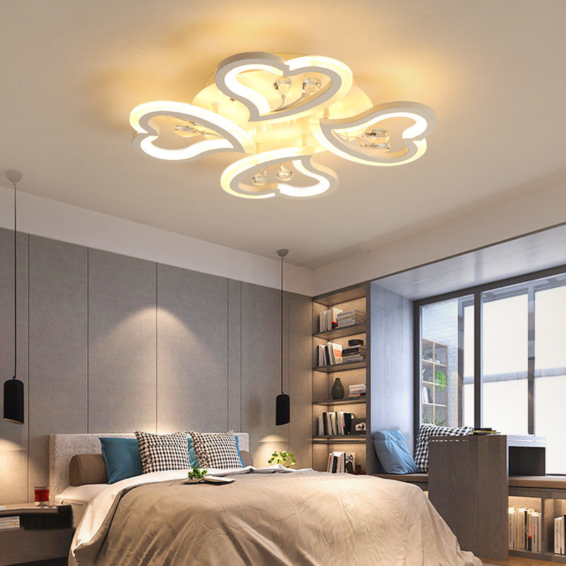 White Heart Shape Led Acrylic Ceiling Lamp - Modern Semi Flush Light With Crystal Accent