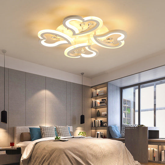 White Heart Shape Led Acrylic Ceiling Lamp - Modern Semi Flush Light With Crystal Accent