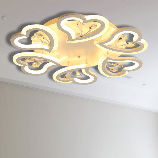 White Heart Shape Led Acrylic Ceiling Lamp - Modern Semi Flush Light With Crystal Accent