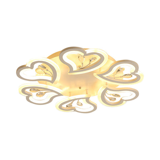 White Heart Shape Led Acrylic Ceiling Lamp - Modern Semi Flush Light With Crystal Accent