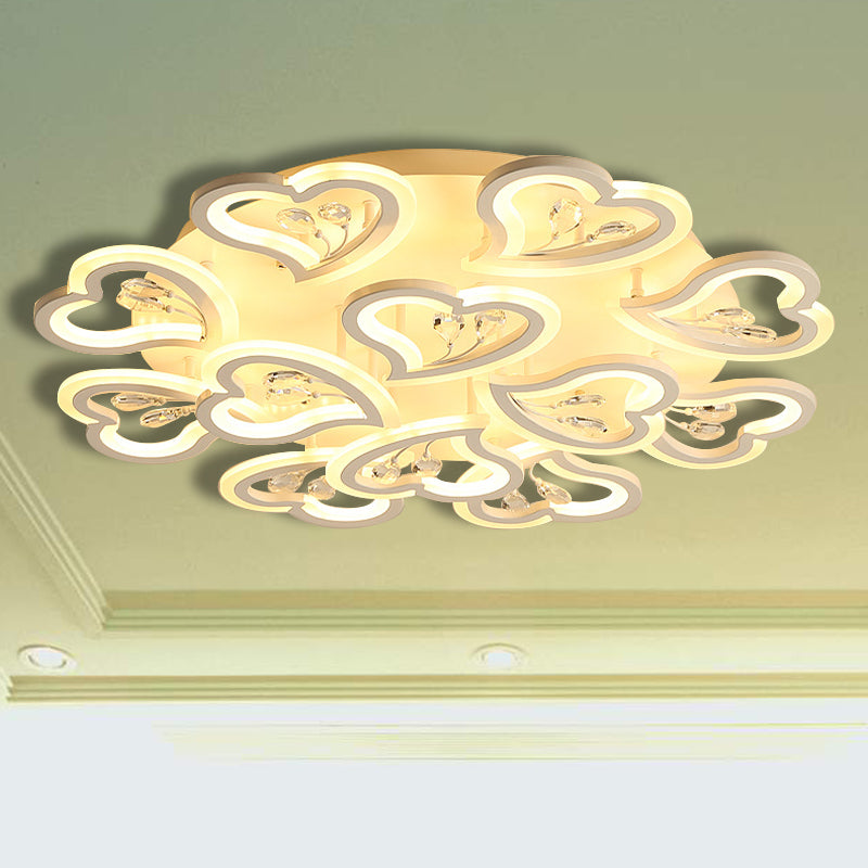 White Heart Shape Led Acrylic Ceiling Lamp - Modern Semi Flush Light With Crystal Accent