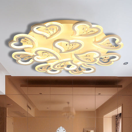 White Heart Shape Led Acrylic Ceiling Lamp - Modern Semi Flush Light With Crystal Accent