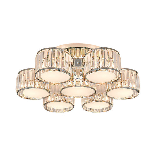 Modernist Crystal Drum Flush Mount Ceiling Lamp In Chrome Finish