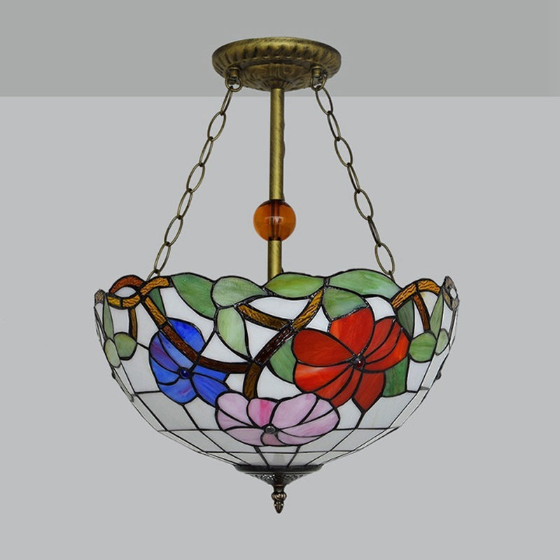 Blossom Stained Glass Tiffany Ceiling Lamp - Restaurant Semi Flush Mount With Inverted Bowl Shade