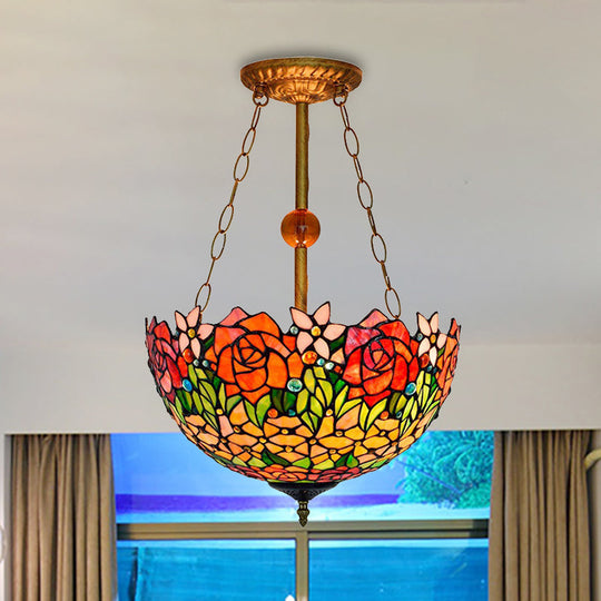 Rustic Blossom Stained Glass Ceiling Lamp In Orange-Red By Tiffany Orange Red