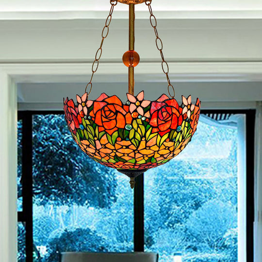 Rustic Blossom Stained Glass Ceiling Lamp In Orange-Red By Tiffany