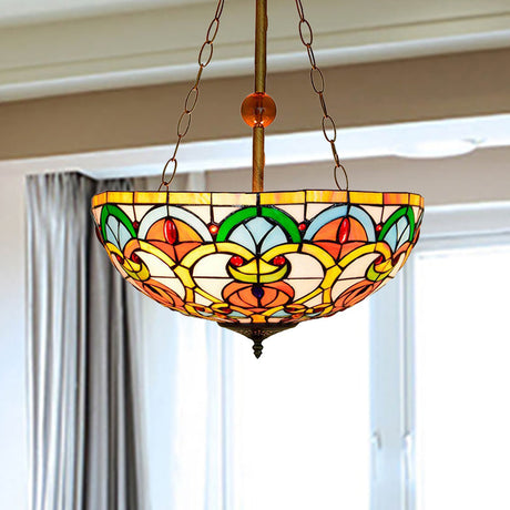 Tiffany Victorian Stained Glass Inverted Ceiling Lamp - Multi-Colored Bowl Mount Light For Bedroom