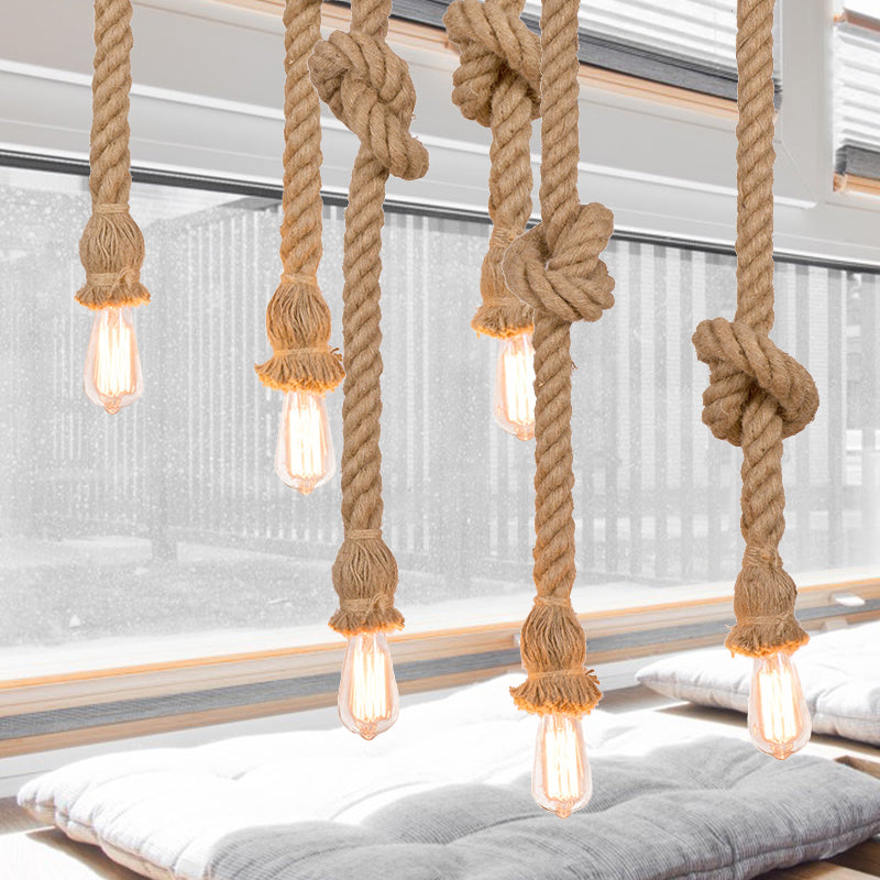 Country 3-Light Beige Rope Pendant With Open Bulb - Natural And Stylish Balcony Lighting