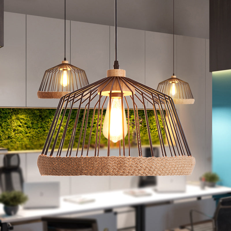 Vintage Style Black Wire Cage Ceiling Fixture - 1 Light Kitchen Hanging Lamp With Rope