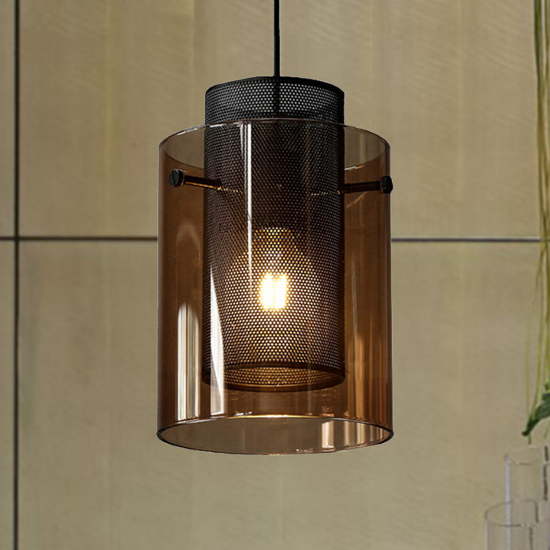 Modern Amber Cylinder Pendant Lamp With Mesh Screen - Perfect Hanging Light For Kitchen