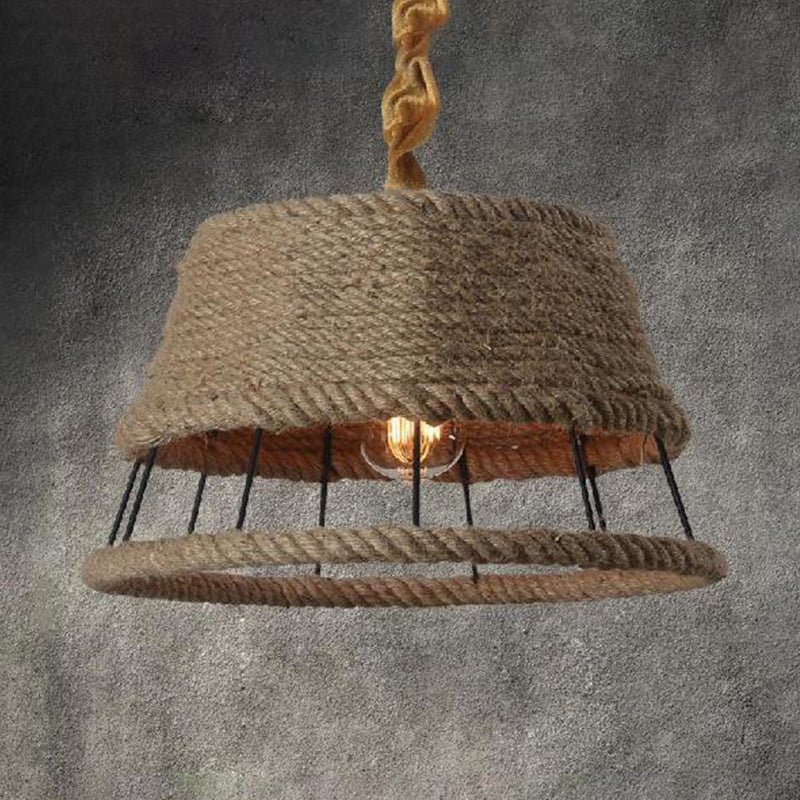 Hemp Rope Beige Pendant Light With Metal Cage Shade - Lodge Hanging Fixture For Restaurant
