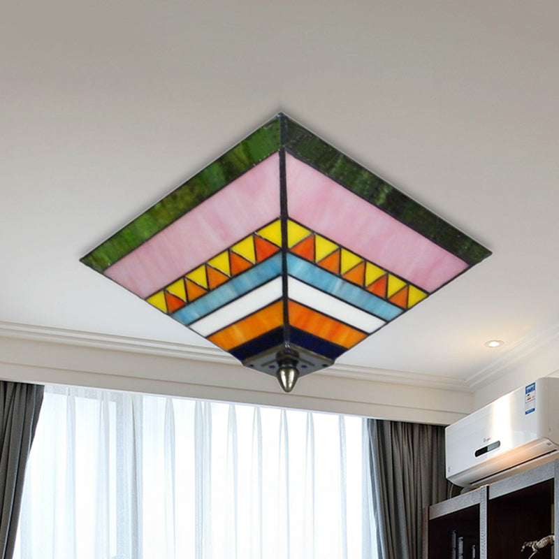 Craftsman Stained Glass Flush Ceiling Light - Multicolored Pyramid Design 2 Bulbs Foyer Mount
