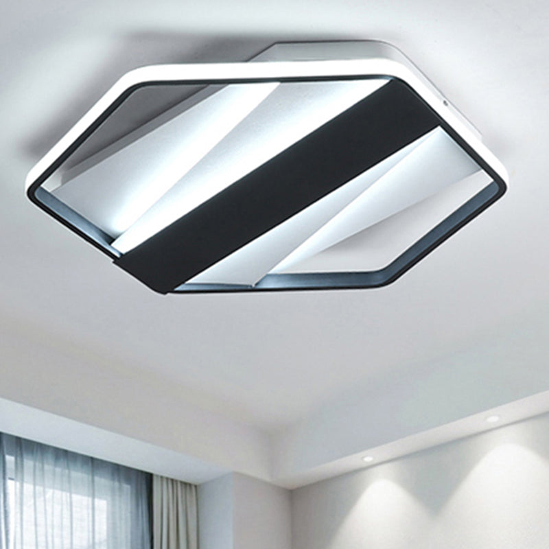 Modern Black Acrylic Led Flush Ceiling Light For Hotels - Rectangle And Hexagon Design / 18’ White
