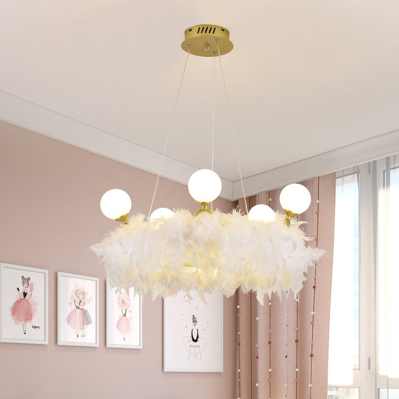 Nordic Gold And White Feather Crown Chandelier For Girls Room - Elegant Suspension Lighting