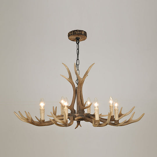 Rustic Brown Resin Antler Chandelier Ceiling Light With Candle Design - Authentic Look