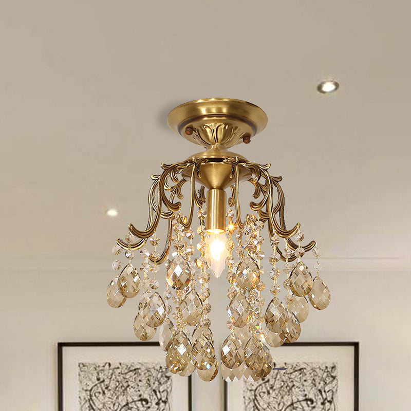 Traditional Curved Semi Flush Mount 1-Light Metal Ceiling Fixture With Clear/Cognac Crystal Droplet
