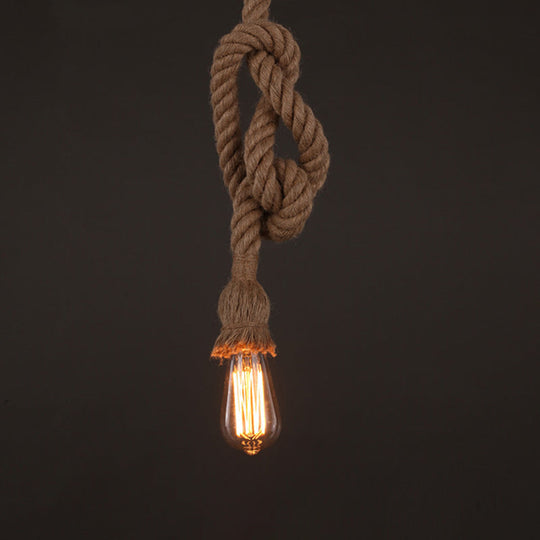 Industrial Hemp Rope Pendant Light With Exposed Bulb In Beige 1 /