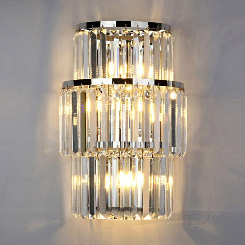 Contemporary Wall Mounted Crystal Cylinder Sconce Light - 3 Silver Lights