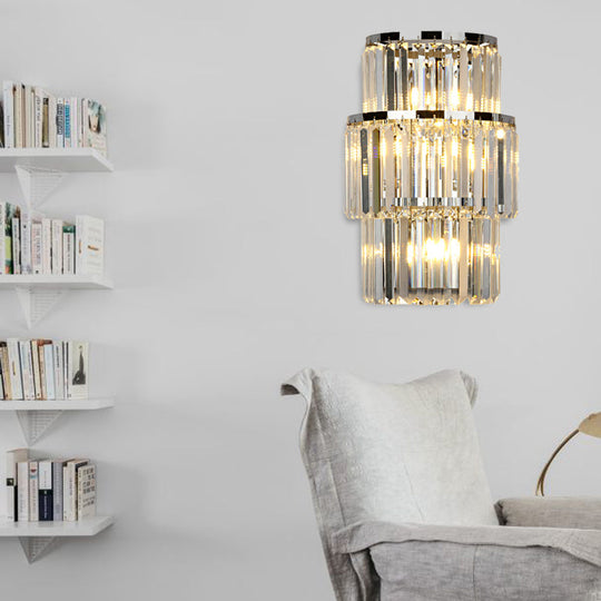 Contemporary Wall Mounted Crystal Cylinder Sconce Light - 3 Silver Lights