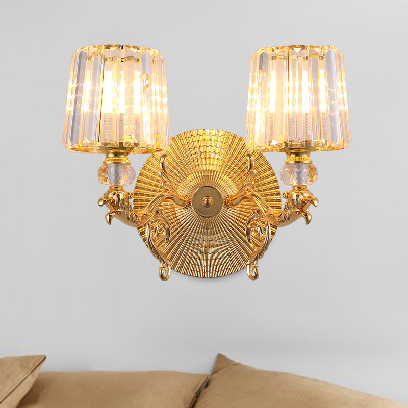 Modern Gold Tapered Wall Light Fixture - Elegant Crystal Block Sconce For Bedroom 1/2 Lights
