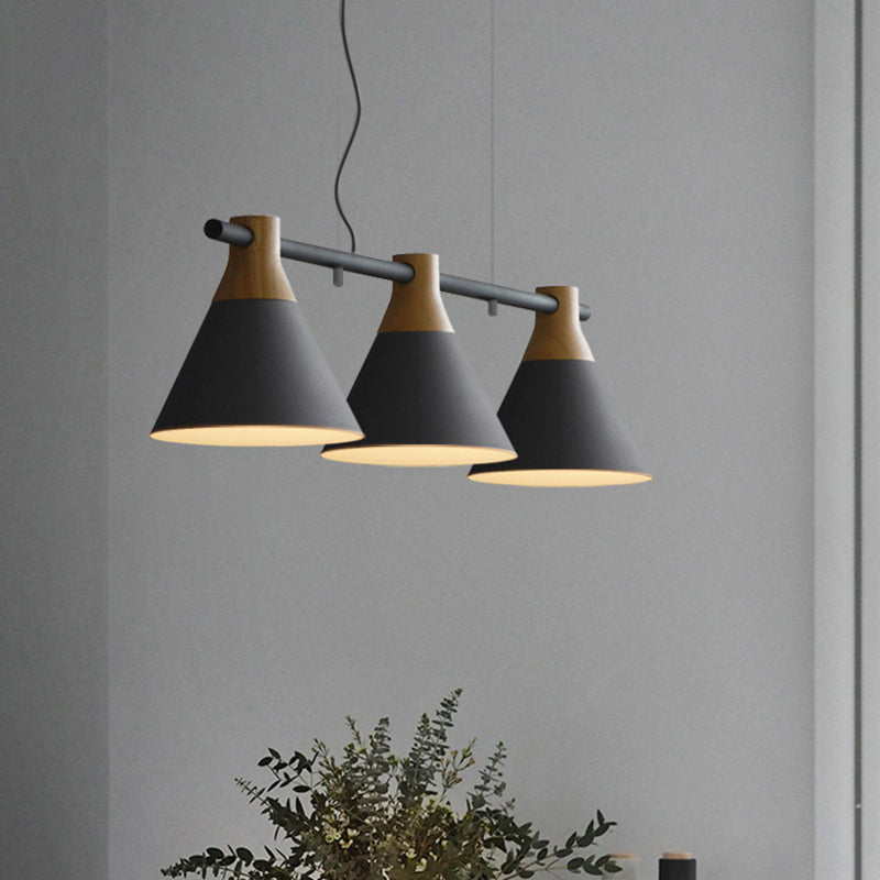 Nordic Style Adjustable Hanging Pendant Light With 3 Conical Metal Shades In Wood