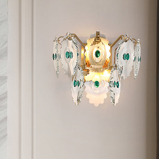 Postmodern 2-Light Wall Sconce With Clear Crystal And Green/Gold Gem Accent