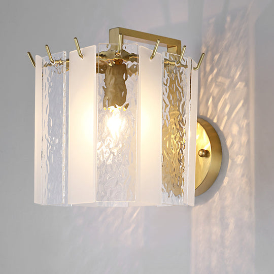 Contemporary Gold Drum Wall Sconce Light With Frosted And Waterglass - 1 Fixture