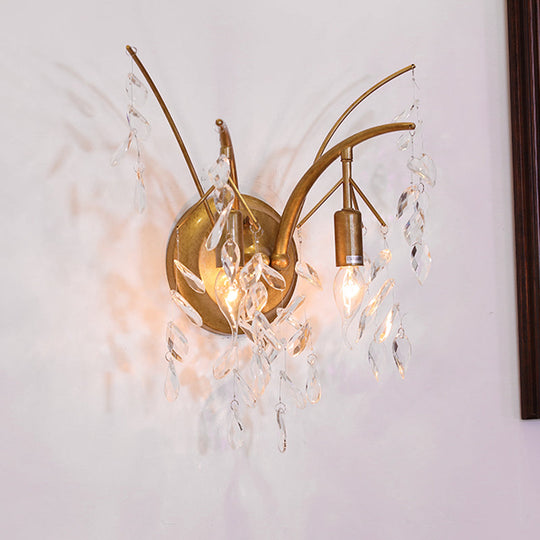 Modern Gold Wall Sconce With Crystal Drop - 2-Light Branch Mount