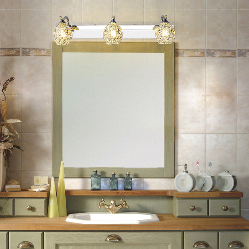 Modern Stainless Steel Domed Wall Light With 3 Heads Silver Vanity Lamp And Clear Crystal Accent