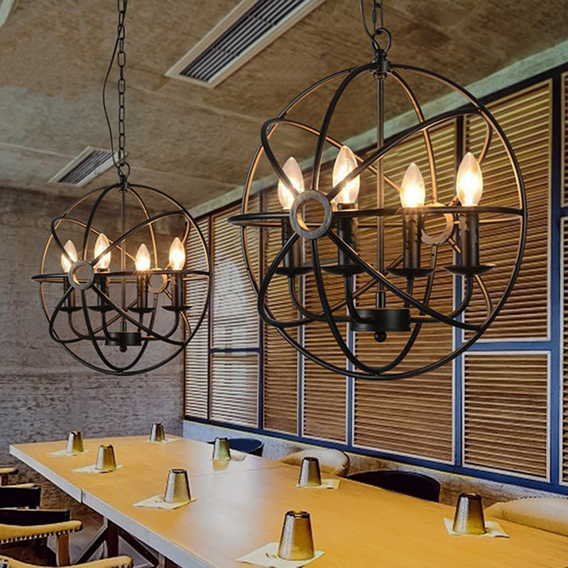 Retro Industrial Globe Pendant Chandelier - Iron Hanging Light Fixture With Candle Design For