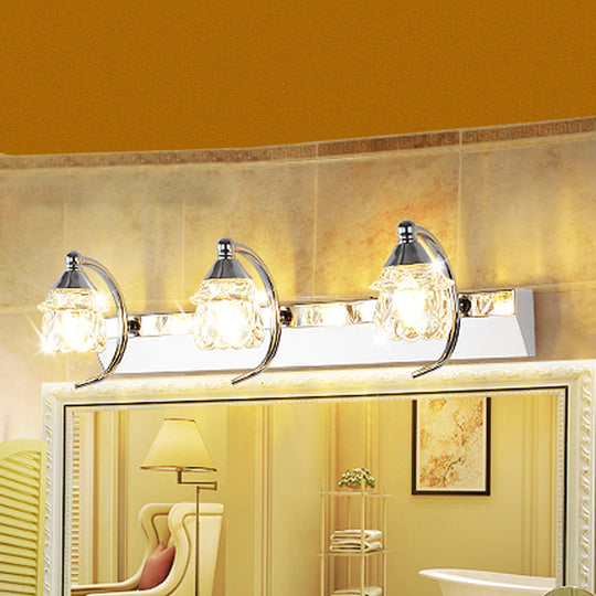 Modern Mushroom Vanity Mirror Light - Clear Crystal 3-Light Bathroom Wall Lamp In Silver With Curved