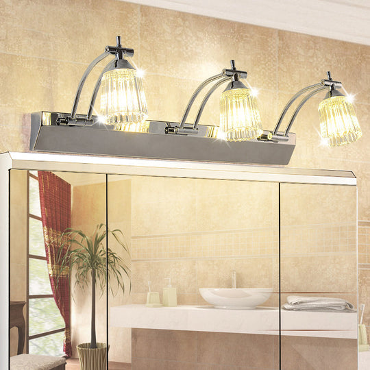 Contemporary Crystal Vanity Light - Fluted Clear Shades Silver Finish 3 Heads Warm/White